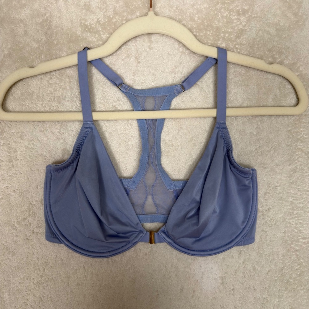 Natori Front Close Racerback Bra Periwinkle Blue Lace Mesh 32DD 728146